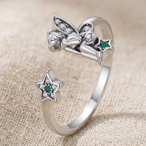 Sterling Silver Fairy and Star Green Gem Open Ring